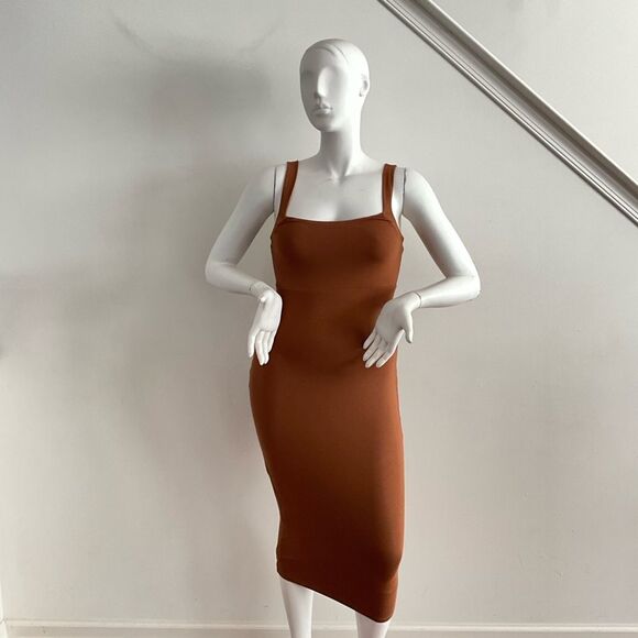 Good American 90’s Tank Dress Midi Brown L Square Neck - Picture 8 of 12